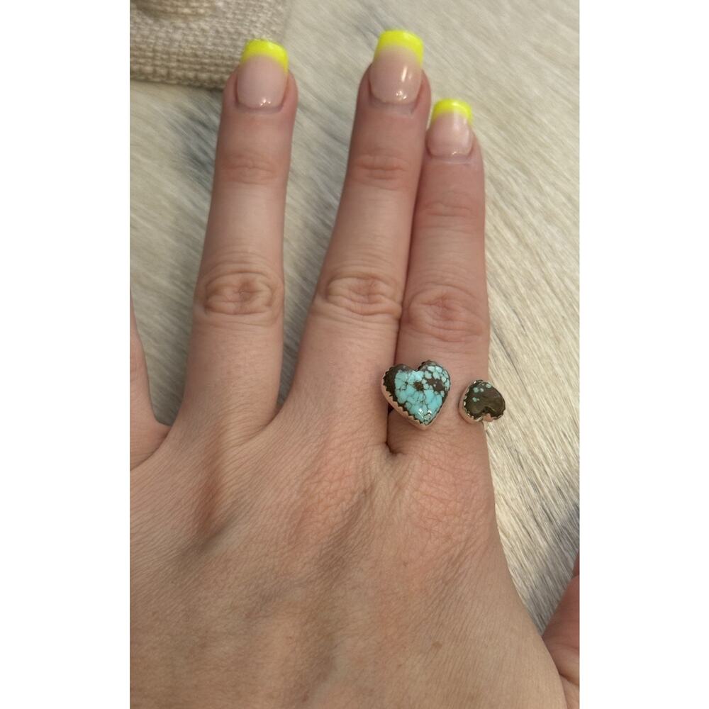 Sterling Silver Double Hearts Number 8 Blue Turquoise Adjustable Ring